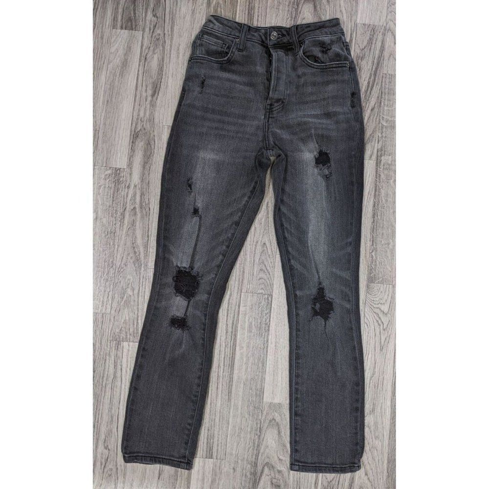 (3/$35) Forever 21 Size 26 Grey Black Straight Leg Button Fly Distressed Jeans‎